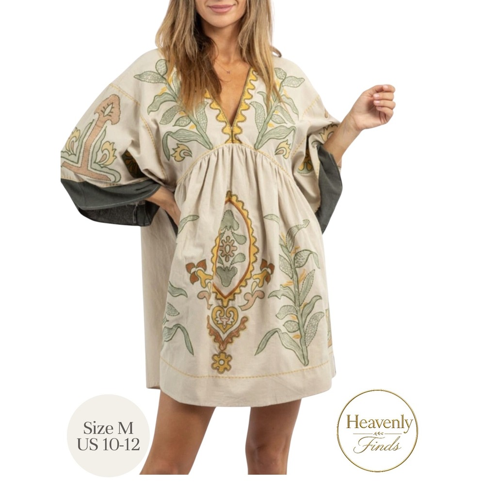 Joiemont Embroidered Kimono Sleeve Baby doll Dress M Olive Beach Boho VNeck NWT